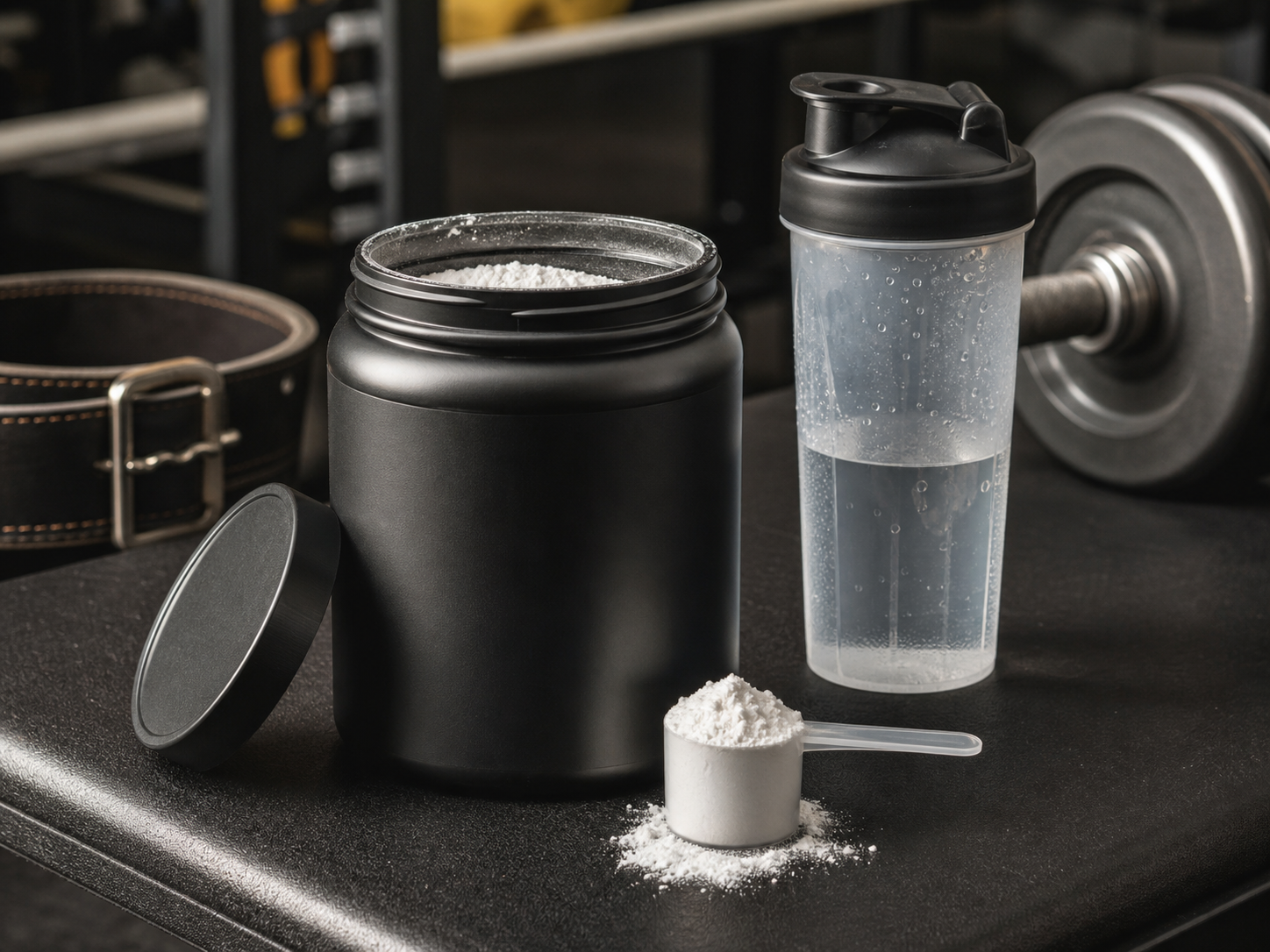 An unbranded creatine powder tub with a scoop, shaker bottle, and strength training equipment.