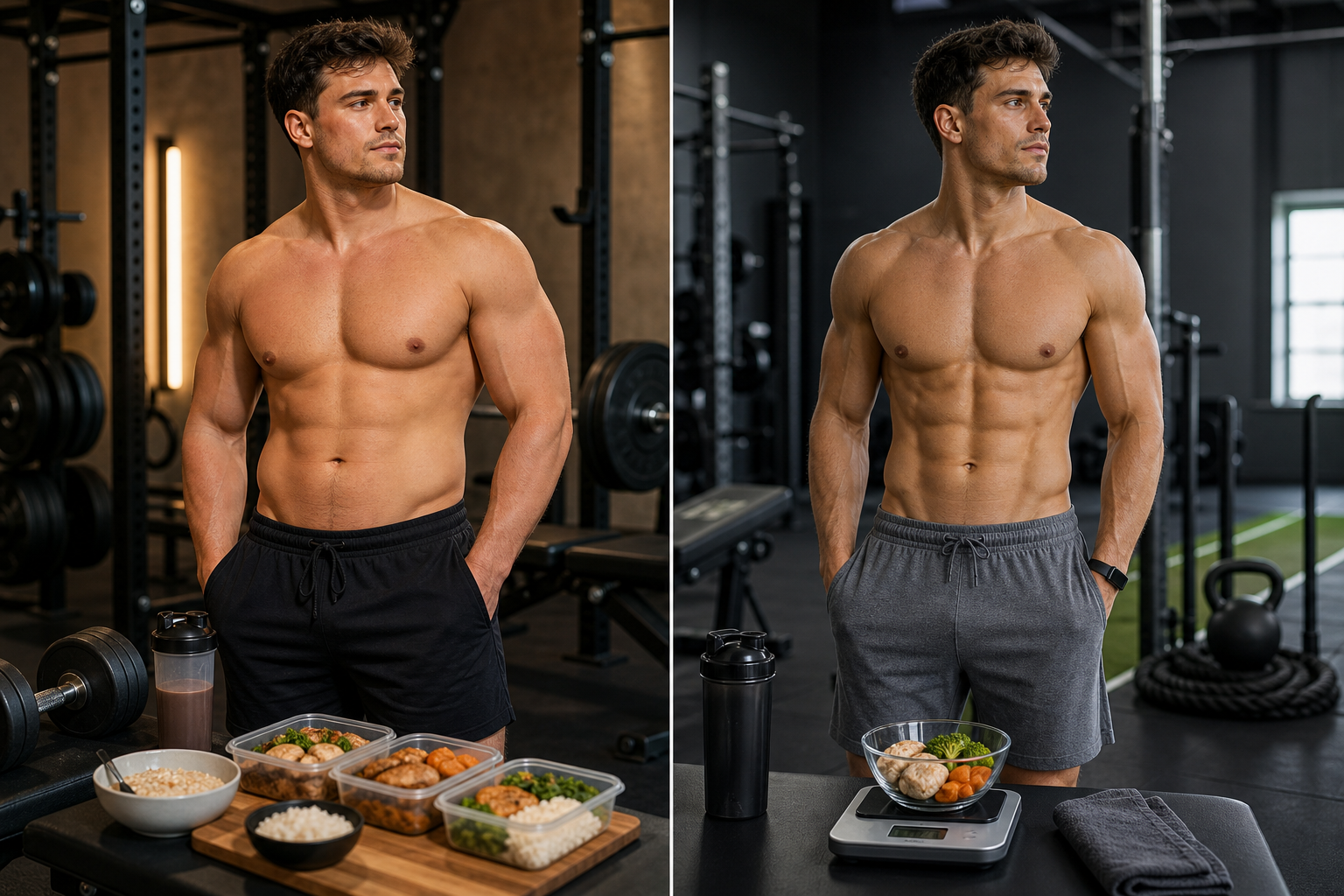 A side-by-side gym image showing a fuller bulking phase and a leaner cutting phase.