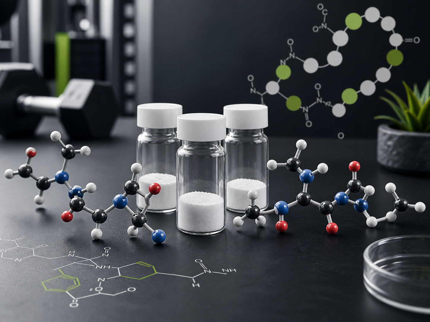 A clean lab bench with an abstract peptide chain model and unbranded research vials.